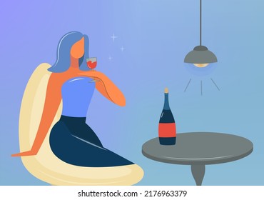 A woman is drinking a glass of wine. Vector character design in flat style. Cozy evening rest. Girl with a glass of wine and a bottle at the table. Romantic mood, party, holiday, vacation with alcohol