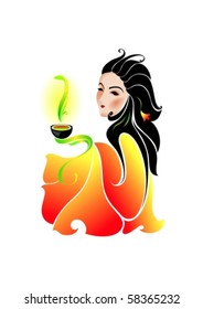 Woman drinking green tea. Vector illustration.