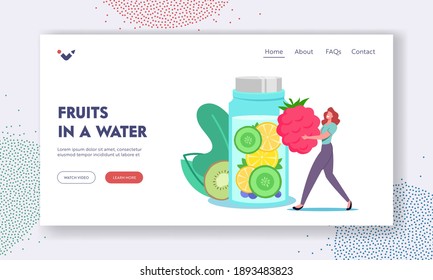 Woman Drinking Healthy Beverage for Detox Landing Page Template. Tiny Female Character Put Huge Raspberry in Bottle with Infused Water, Lemonade or Juice with Fruit Slices. Cartoon Vector Illustration