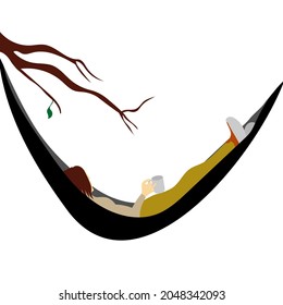 A woman is drinking her coffee in a hammock
