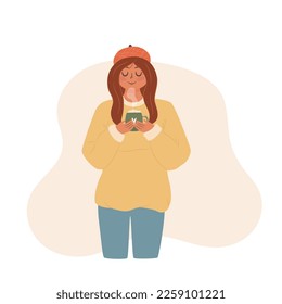 Woman drinking hot cappuccino. Vector illustration 