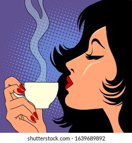 woman drinking hot coffee. Comic caricature por art retro vector illustration