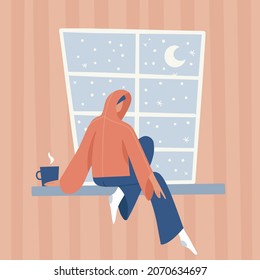 Woman drinking hot coffee and sitting on the window in winter time. Girl wearing casual clothes at home. Snowfall outside. Cozy interior with striped wall. Flat hand drawn vector illustration.