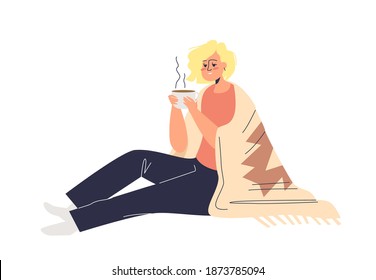 Woman drinking hot tea covered with blanket. Young female cartoon character holding cup of hot beverage. Flat vector illustration