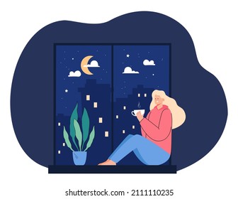 Woman Drinking Hot Tea, Sitting Near Window. Cute Person Enjoying Beautiful Moment And Watching View Of Night City With Modern Buildings Flat Vector Illustration. Lonely Time At Home, Relax Concept