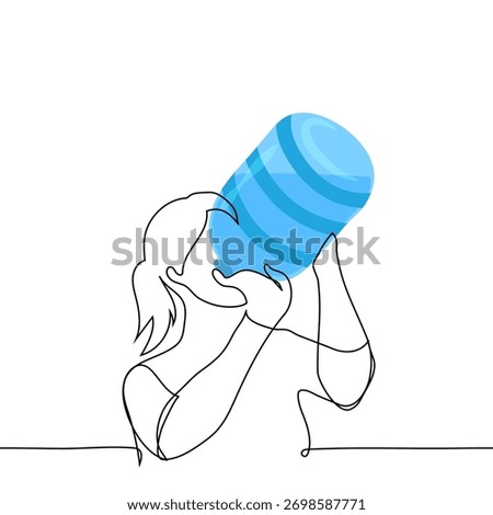 woman drinking from a huge five-liter bottle - one line vector. Thirst concept, bottled water, fresh water deficit. Handmade vector not AI