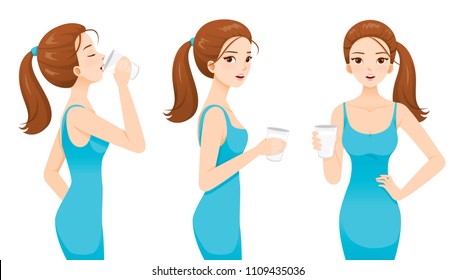 Woman Drinking Milk For Health. Good Shape Woman In Blue Dress, Tall, Healthy, Care, People, Lifestyle