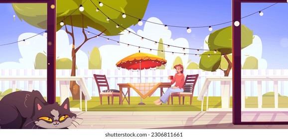 Woman drinking morning coffee in home garden. Vector cartoon illustration of female character having rest in backyard, sitting on chair at table under umbrella, cat sleeping on patio. Summer relax