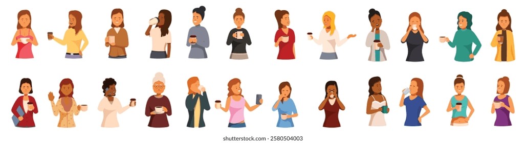  Woman drinking morning coffee icons set. Businesswomen and female employees enjoying their coffee break, drinking coffee and tea