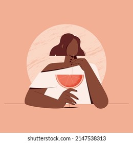 Woman drinking orange juice. Vector illustration of cute woman holding fresh orange juice. Refreshing cocktail. Summer time. Banner for juice, smoothie, cocktail bar.