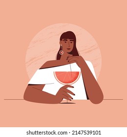 Woman drinking orange juice. Vector illustration of cute woman holding fresh orange juice. Refreshing cocktail. Summer time. Banner for juice, smoothie, cocktail bar.
