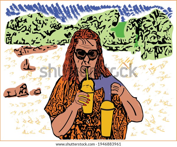 A woman is drinking papaya juice during hot summer day at beach.