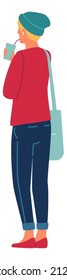 Woman drinking from plastic cup back view. Flat character
