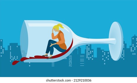 Woman With Drinking Problems, Hangover. Vector Illustration.