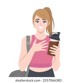 Woman Drinking Protein Shake After Working Out. Flat vector Character Illustration