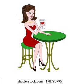 woman drinking red wine in cafe