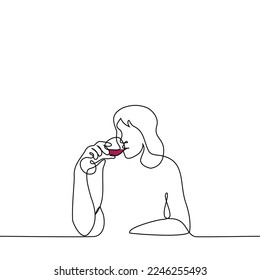 woman drinking red wine from a glass sitting - one line drawing vector. concept wine alcoholic, drinking alone, female alcoholism