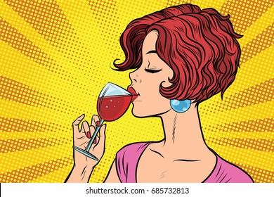 Woman Drinking Red Wine. Pop Art Retro Vector Illustration