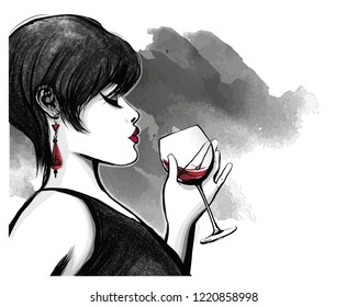 woman drinking red wine - vector illustration