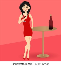 Woman drinking red wine - vector illustration - weekend
