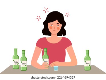 Woman drinking soju Korean alcohol drink in flat design on white background.