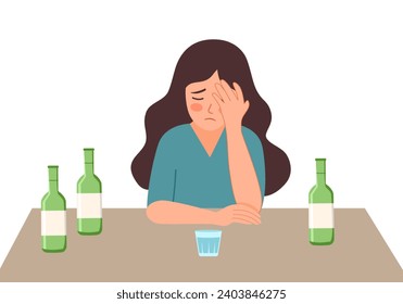 Woman drinking soju Korean alcohol drink in flat design on white background.