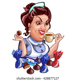 Woman drinking tea with candy. Vector illustration.