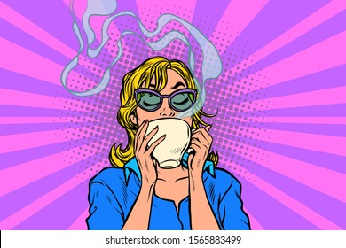 woman drinking tea or coffee. Pop art retro vector illustration kitsch vintage drawing