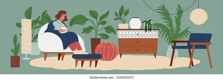 Woman drinking tea cozy living room in scandinavian lagom style with green plants and carpet flat vector illustration