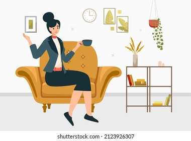 Woman drinking tea. Girl in business suit sitting on chair with mug of coffee. Comfort and coziness, evening rest after work. Morning breakfast and hot drink. Cartoon flat vector illustration