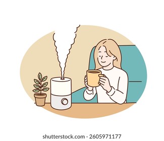 Woman Drinking Tea with a Humidifier at Home. Hand drawn style vector design illustrations.