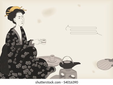 Woman drinking tea- Japanese style drawing