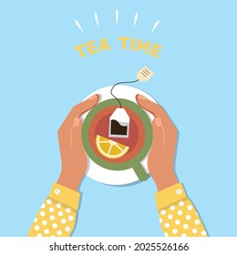 Woman drinking tea with lemon. Human hands holding ceramic mug. Vector illustration for refreshment, break, morning concept