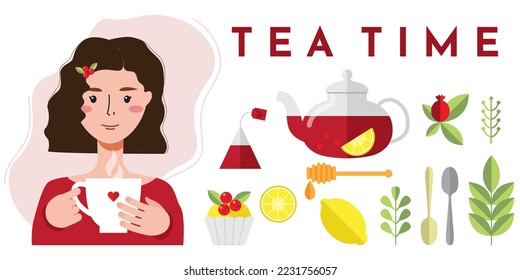 A woman is drinking tea with a pretty mug in her hand and a set of tea accessories. Teapot, cup, teaspoons, lemon, cake, honey, mint, tea bag