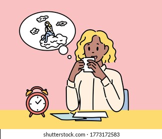 A woman is drinking tea and resting. hand drawn style vector design illustrations. 