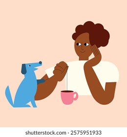 A woman drinking tea sitting with her pet dog