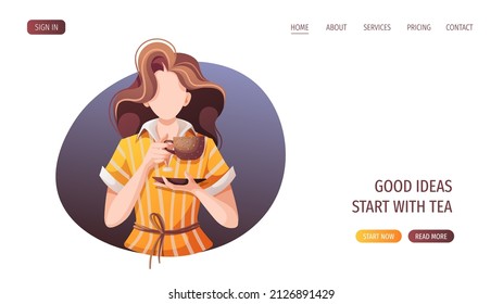 Woman drinking tea with teacup. Tea shop, cafe-bar, tea lover, tea party, beverages concept. Vector illustration for poster, banner, website, menu, advertising. 