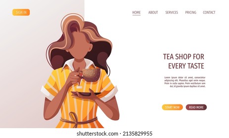Woman drinking tea with teacup. Tea shop, cafe-bar, tea lover, tea party, beverages concept. Vector illustration for poster, banner, website, menu, advertising. 