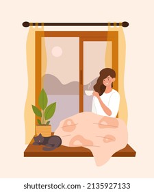 Woman drinking tea. Young girl with mug of coffee and cat lies on window. Rest after work, relaxation and recuperation. Dreams and imagination, self isolation. Cartoon flat vector illustration