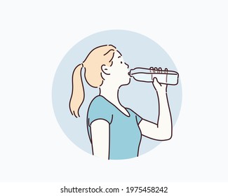  woman drinking water after work out exercising. Hand drawn style vector design illustrations.