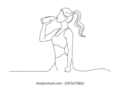 woman drinking water after work out exercising One line continuous line art vector illustration on white background.