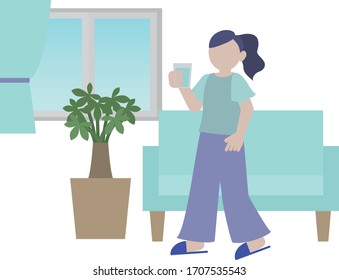 A woman drinking water. Blue color.