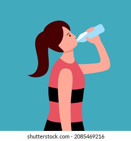 Woman drinking water from bottle after exercising in flat design. Thirsty and dehydration. Drink more water campaign.