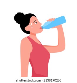 Woman drinking water from bottle after exercising in flat design. Thirsty and dehydration. Drink more water campaign.