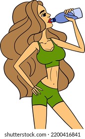 Woman drinking water from bottle after workout in flat design. Thirst and dehydration. Drink more water.