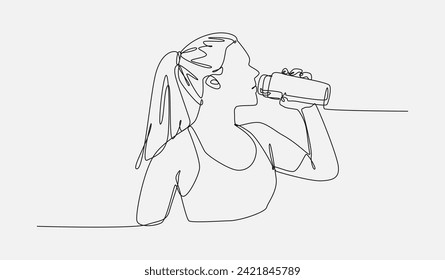 mujer bebiendo agua en botella después del ejercicio, gimnasio. estilo continuo de dibujo de una línea. trazo editable. ilustración vectorial.