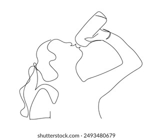 Woman drinking water in bottle after exercise, gym. continuous one line drawing style. editable stroke. vector illustration. Zero waste