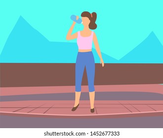 Woman drinking water from bottle, vector cartoon girl and beverage in plastic container. Amazing landscape of mountains and lady standing on brick floor