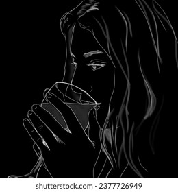 woman drinking water, with chalk scribbles on a black background