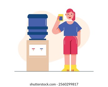 Woman drinking water from a dispenser, giving an example to drink more and less sugary beverages. Character design. Vector flat illustration